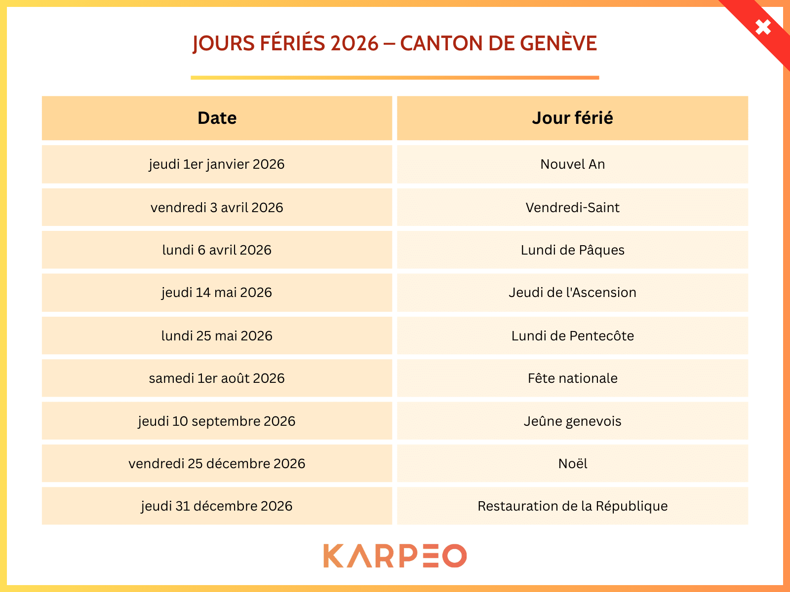 Jours fériés 2026 – canton de genève Jours fériés 2026 – canton de genève