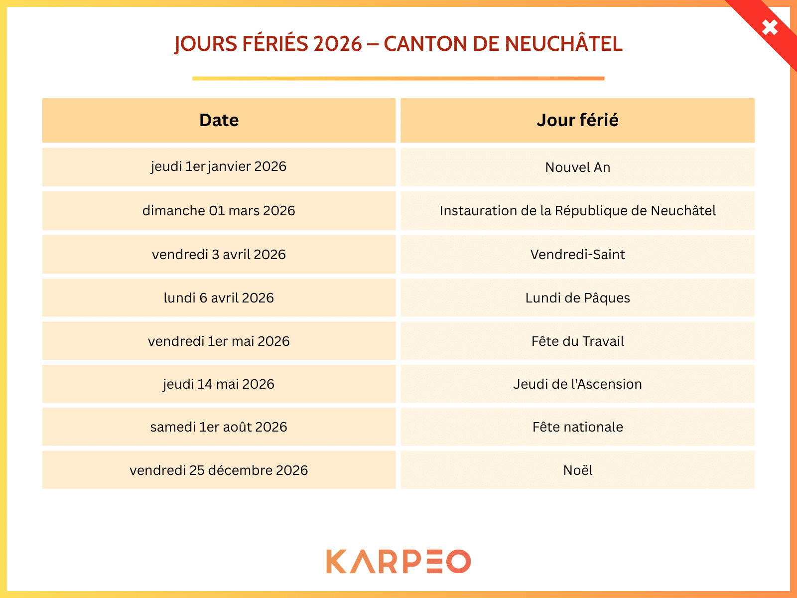 Jours fériés 2026 – canton de neuchâtel Jours fériés 2026 – canton de neuchâtel