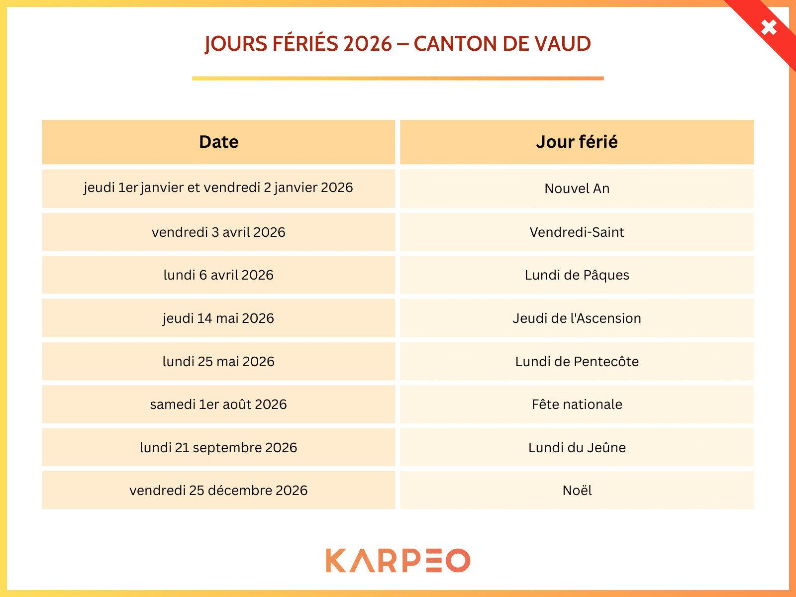 Jours fériés 2026 – canton de vaud Jours fériés 2026 – canton de vaud
