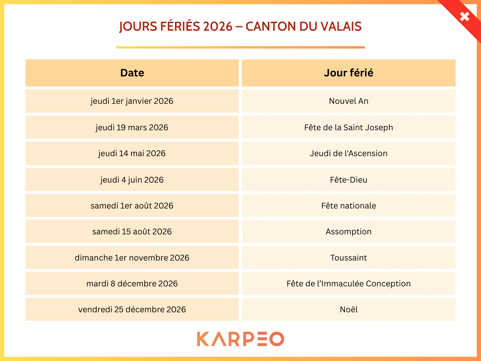 Jours fériés 2026 – canton du valais Jours fériés 2026 – canton du valais