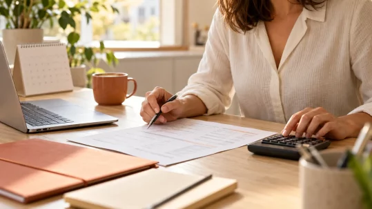 Préparation d’un décompte de salaire avec une calculatrice et des documents de paie.