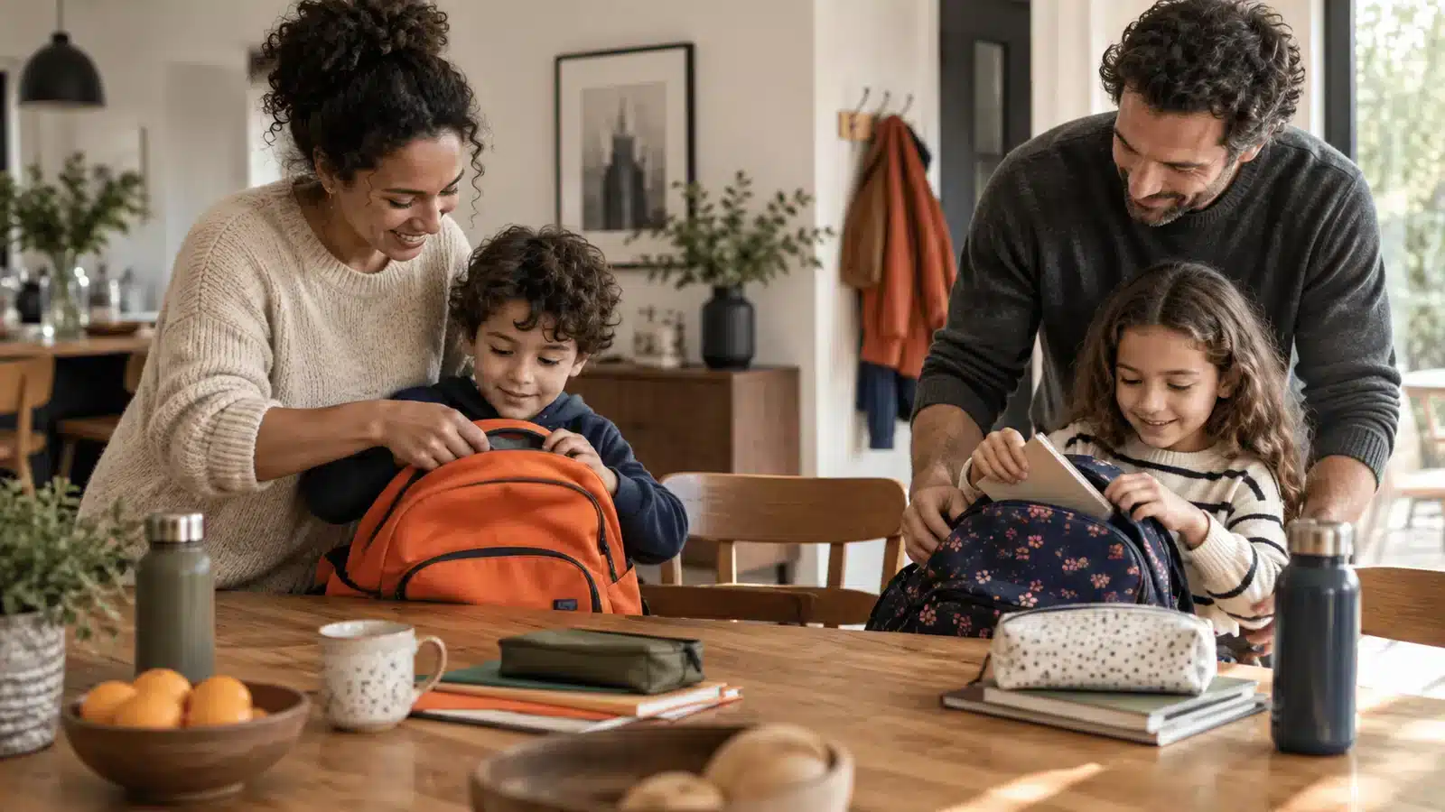 Famille préparant les affaires scolaires à domicile.