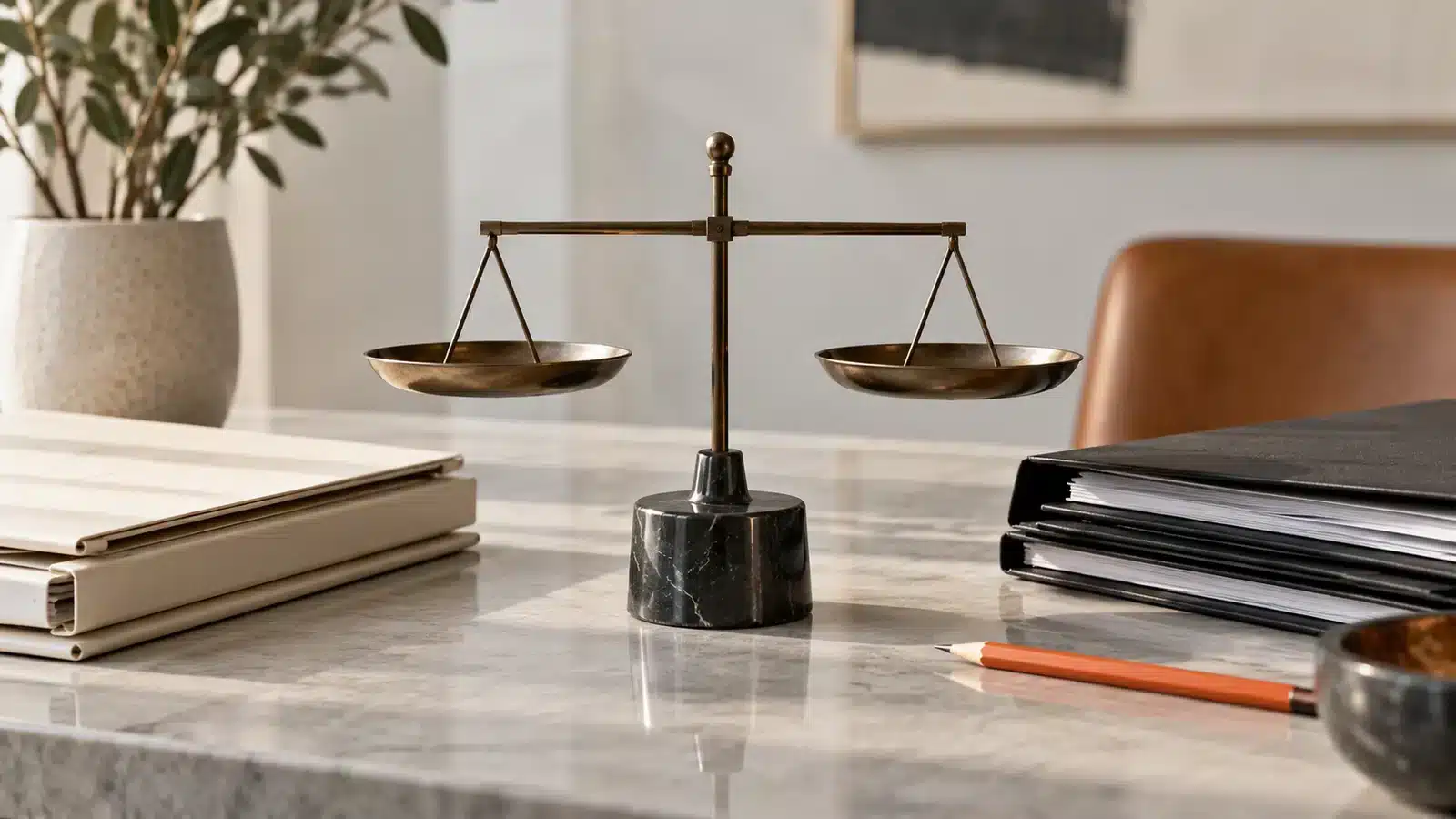 Balance et dossiers pour illustrer l’équilibre du bilan.