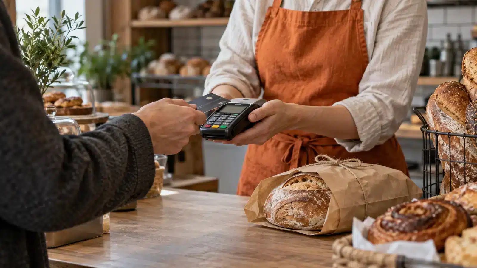 Paying for a purchase at a bakery counter.