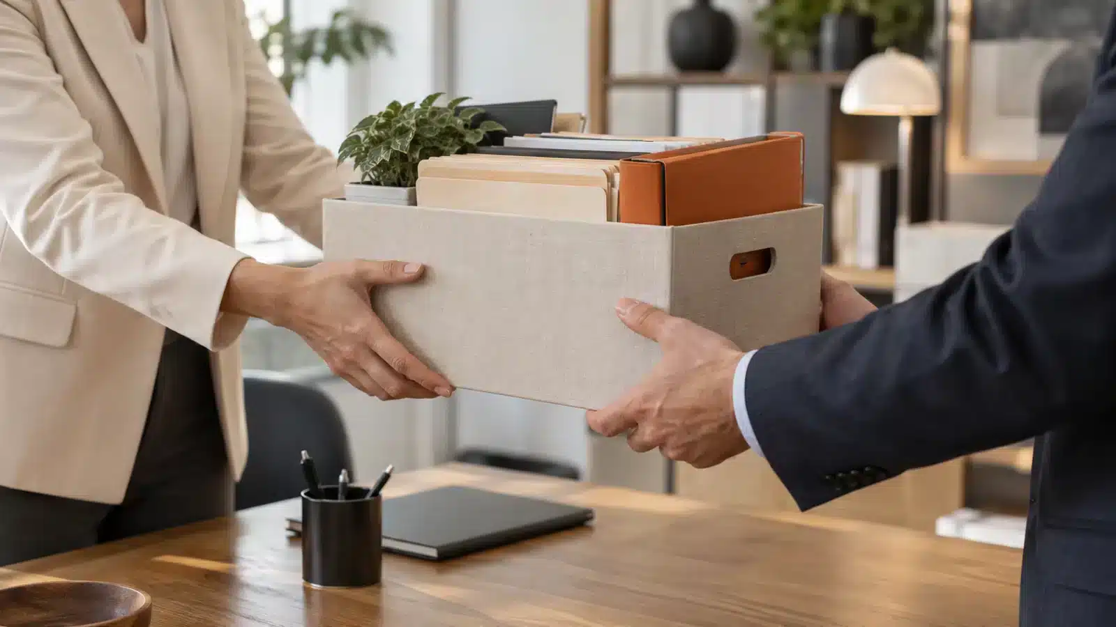 Professionals handing over a box of accounting files.