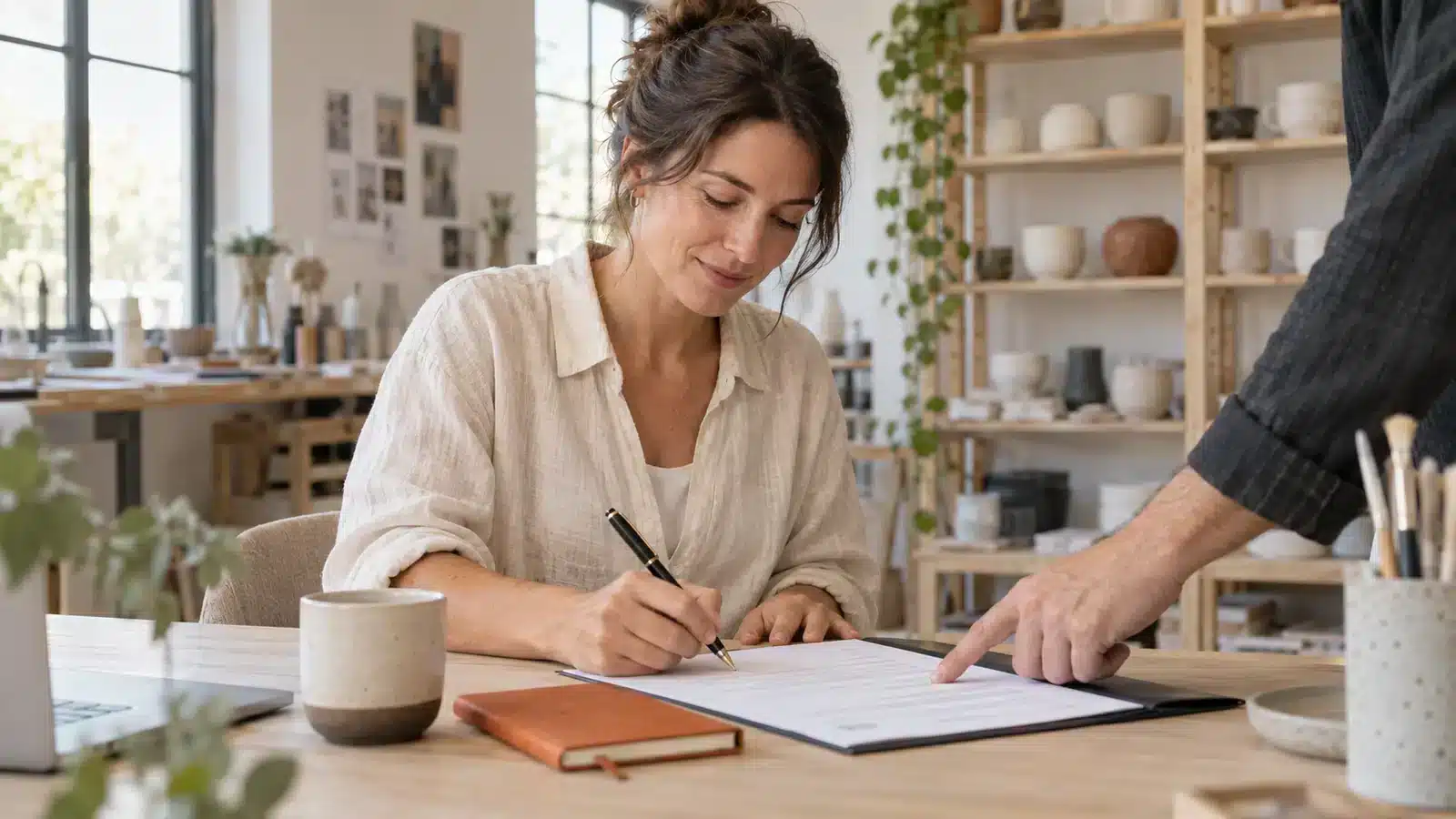 Entrepreneur preparing company incorporation documents in her workshop.