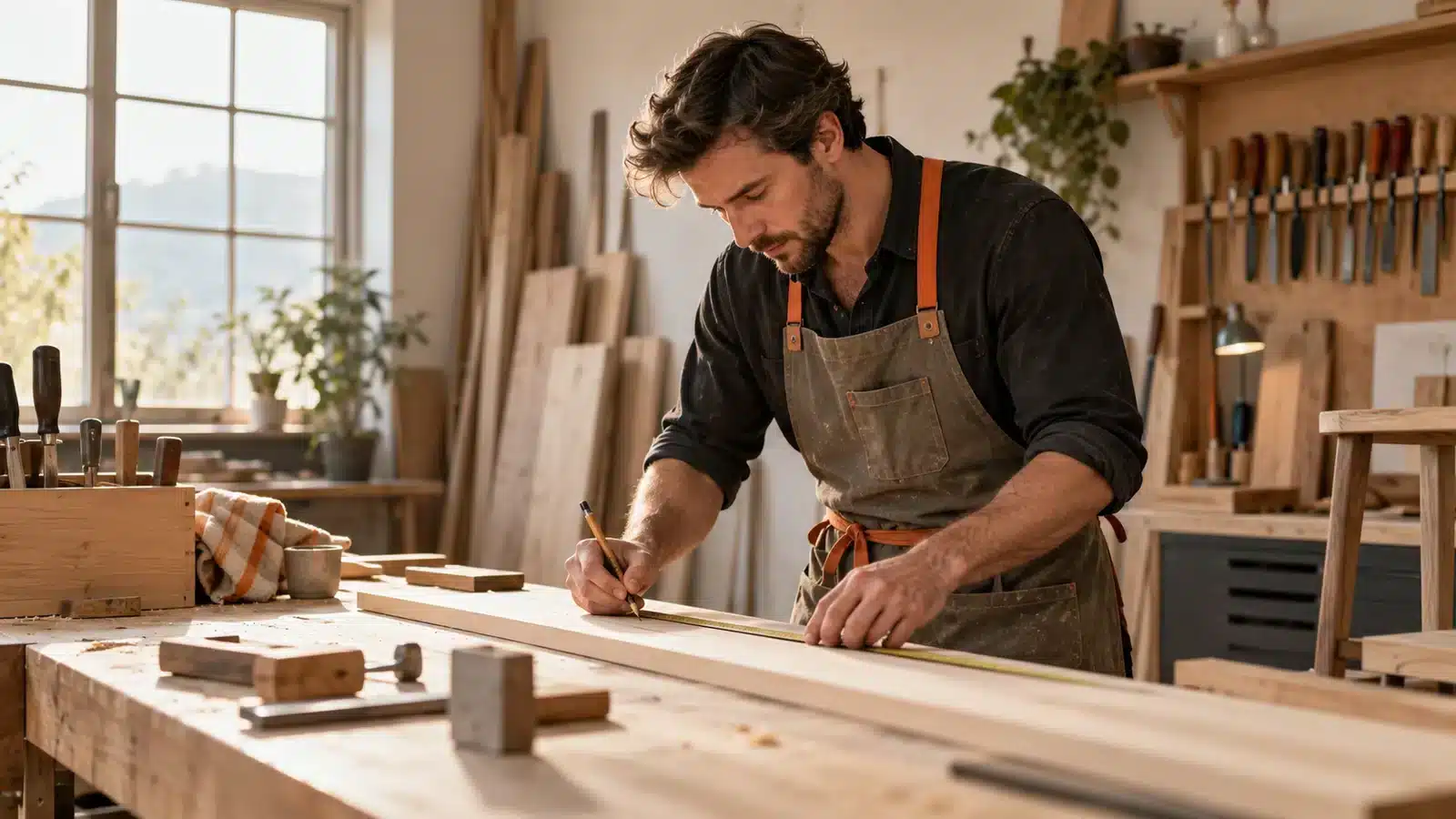 Artisan indépendant mesurant une planche dans son atelier.