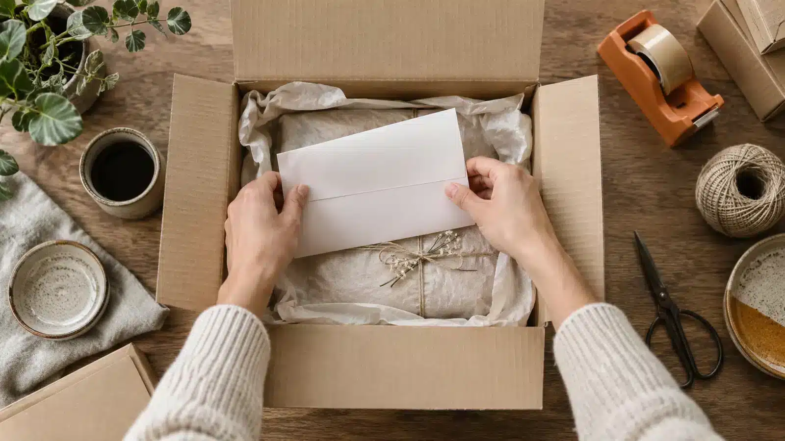 Placing an invoice inside a parcel.