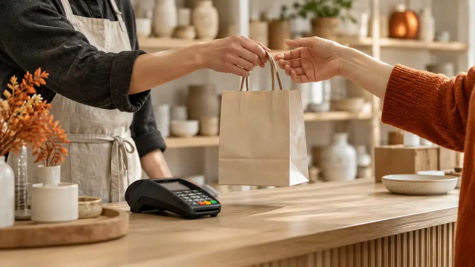 Handing over a purchase beside a payment terminal.