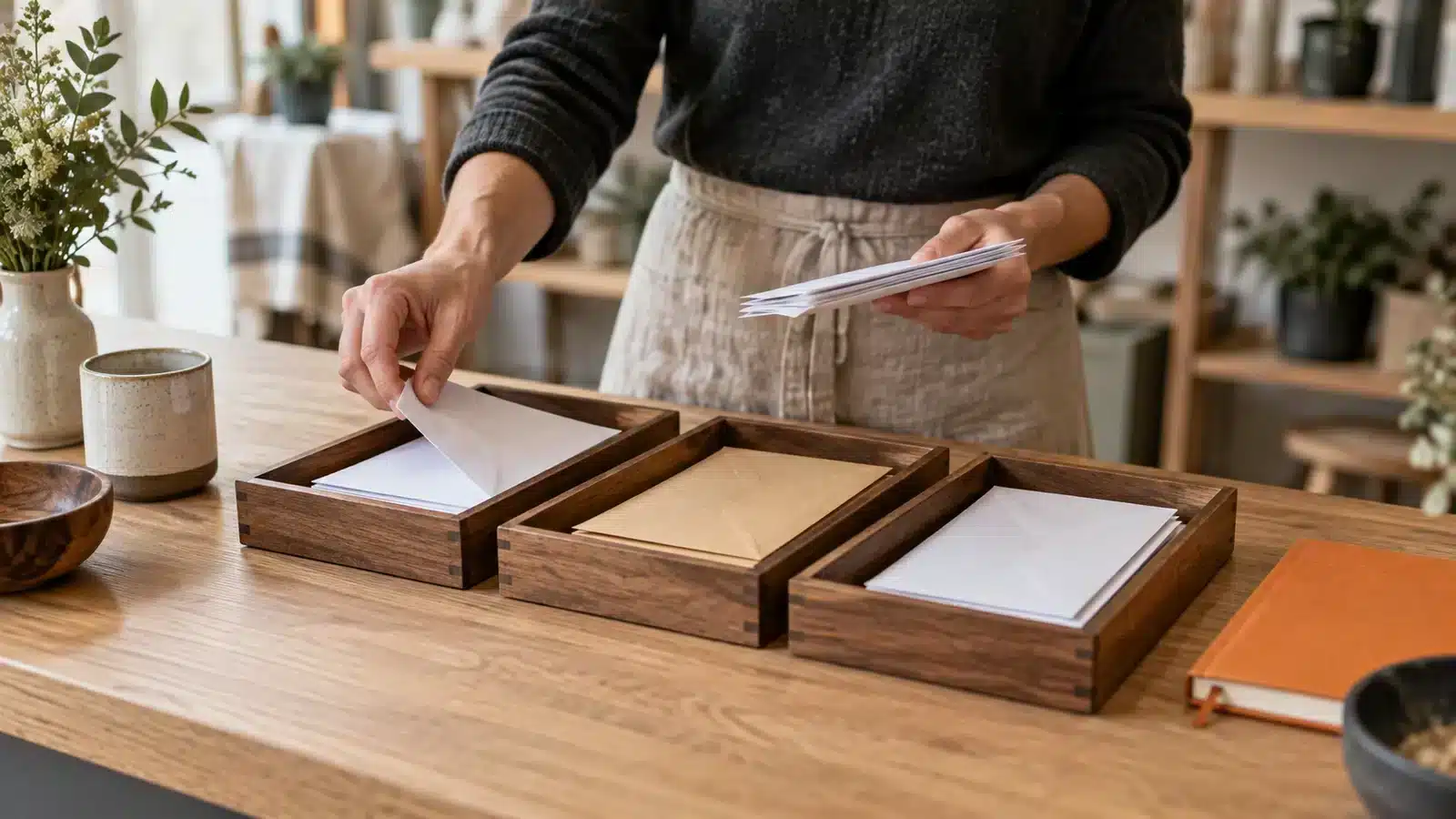 Sorting payment documents into trays on a counter.