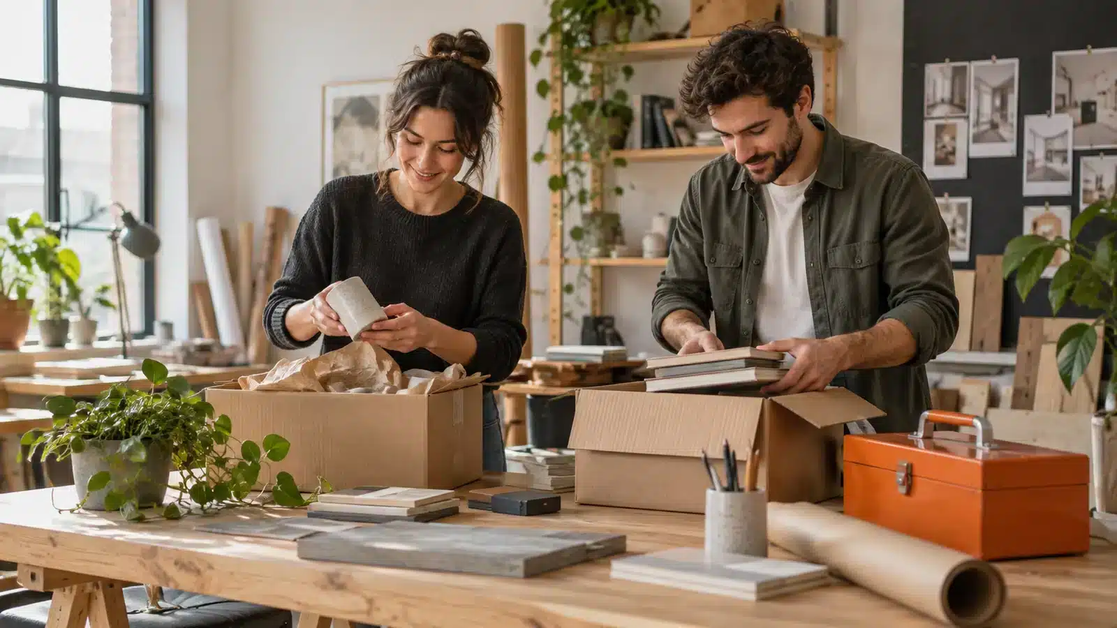 Two entrepreneurs setting up their new workshop.