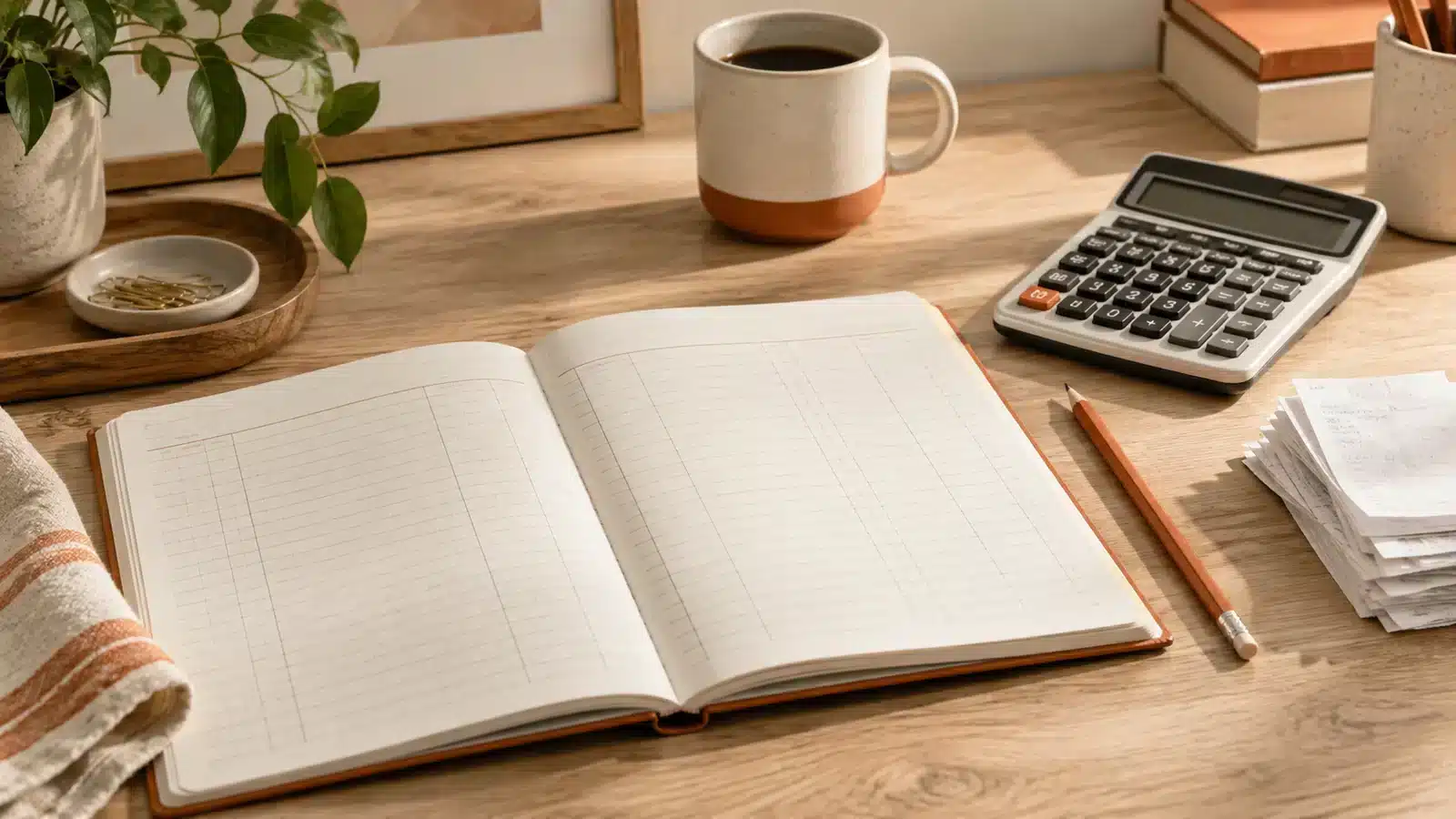 Ledger, calculator and receipts on a desk.