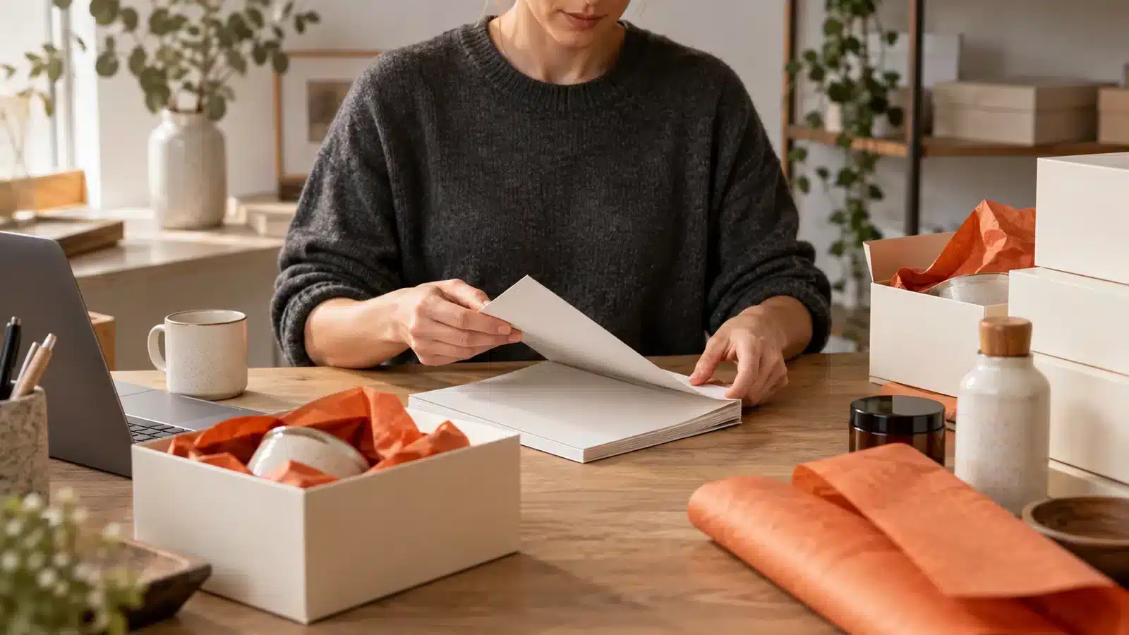 Préparation des documents de vente auprès de produits emballés.