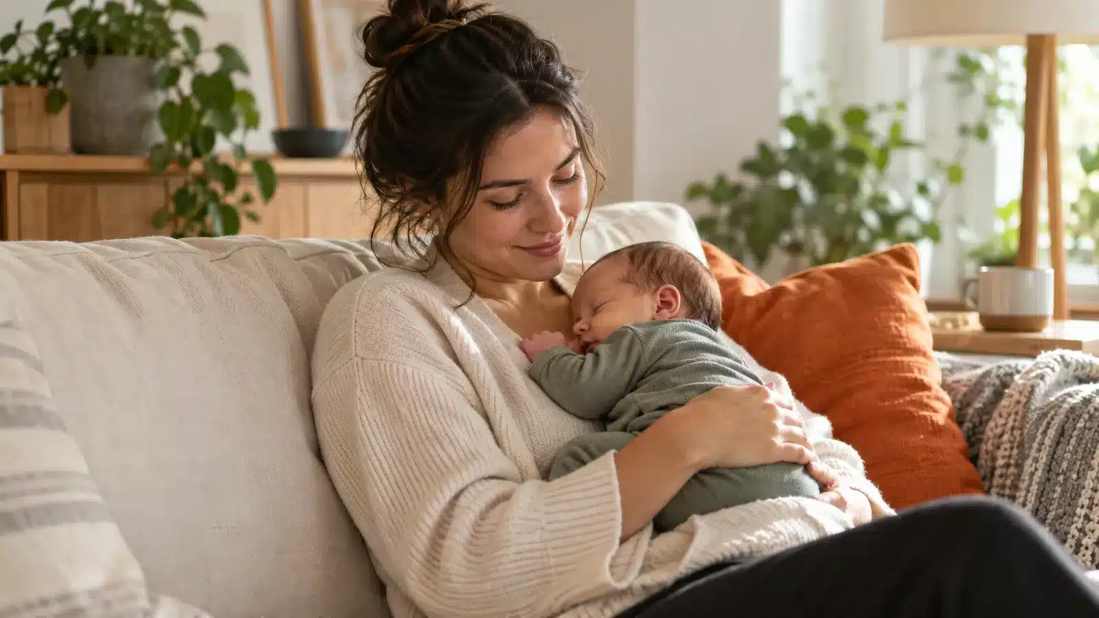 Mother holding her newborn in a bright living room.