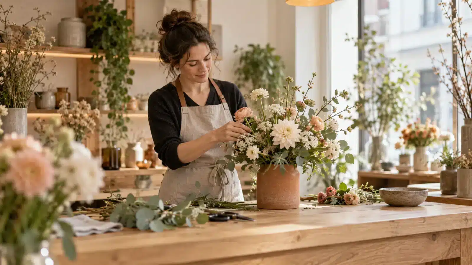 Independent florist preparing an arrangement in her shop.