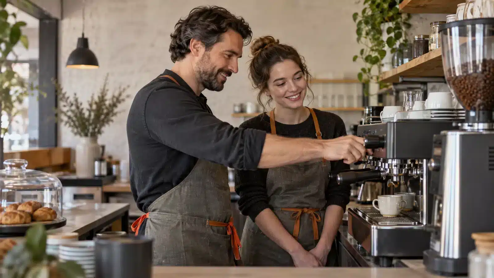 New employee learning to use a coffee machine.