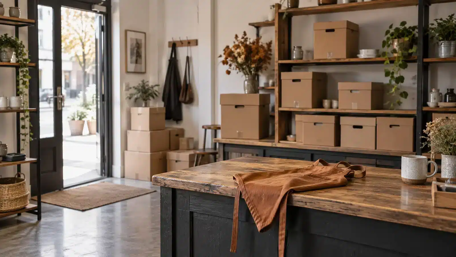 Boutique vide avec cartons d’archives et tablier rangé sur le comptoir.