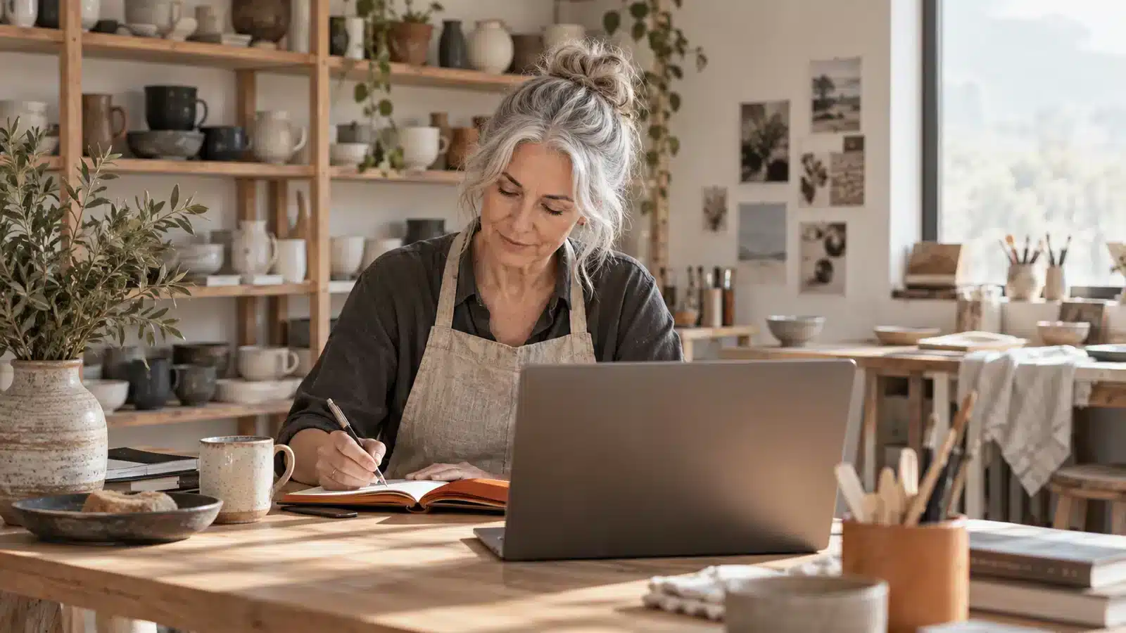 Self-employed craftswoman managing her accounts in her workshop.