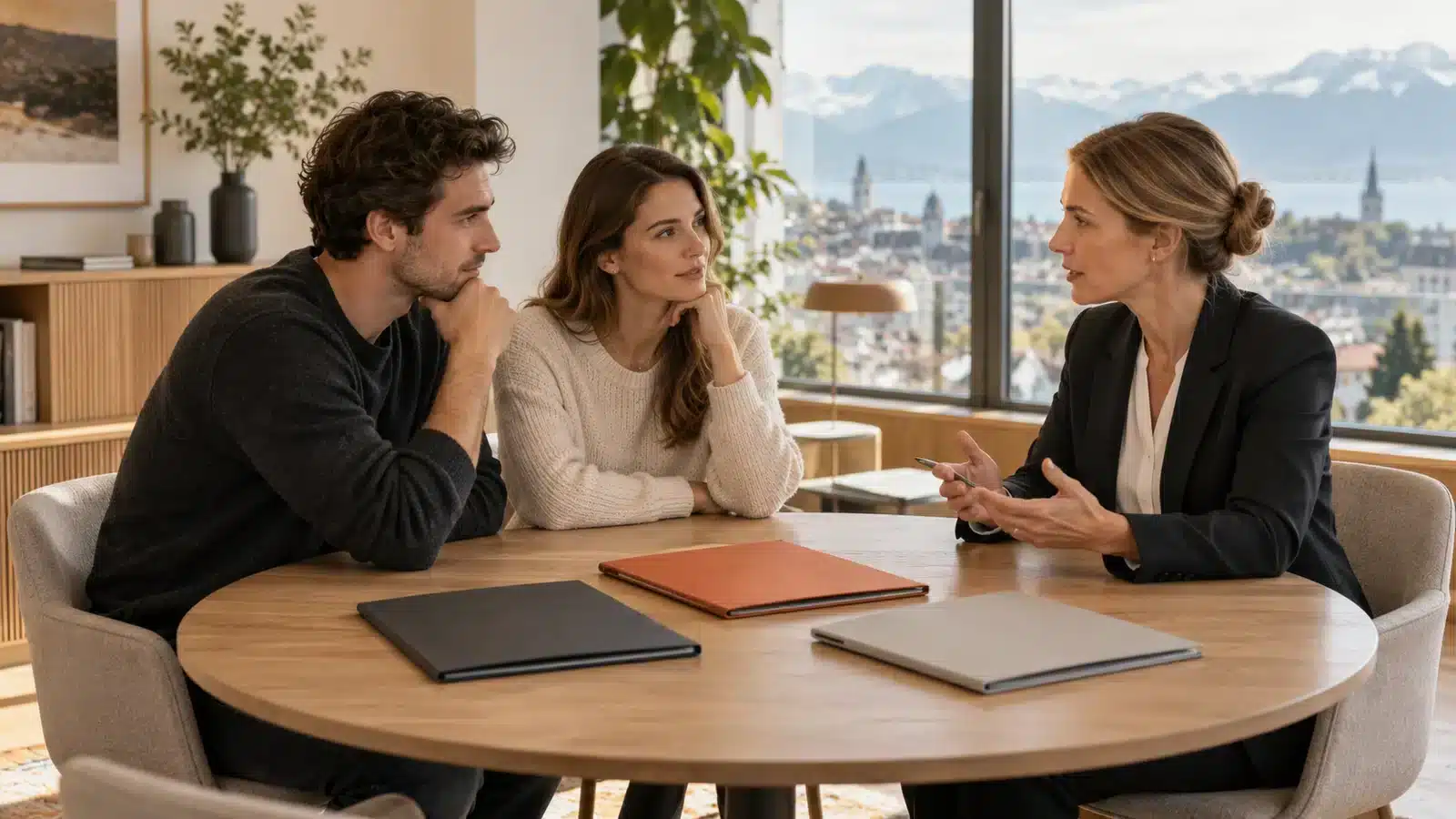 Two entrepreneurs discussing their business project with an adviser.