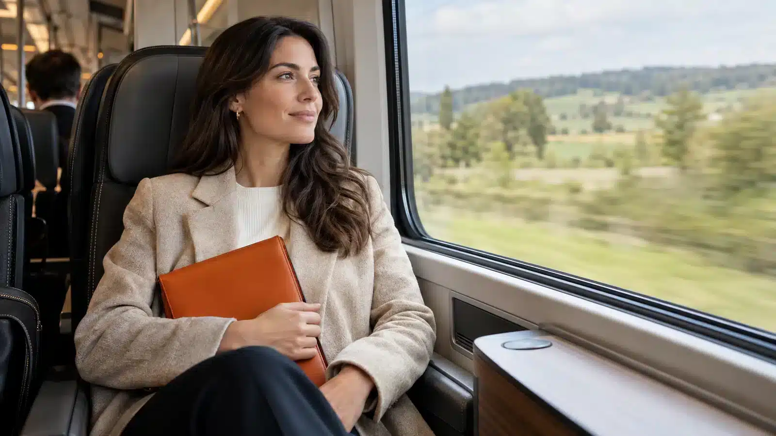 Cross-border commuter carrying a document folder on a train.