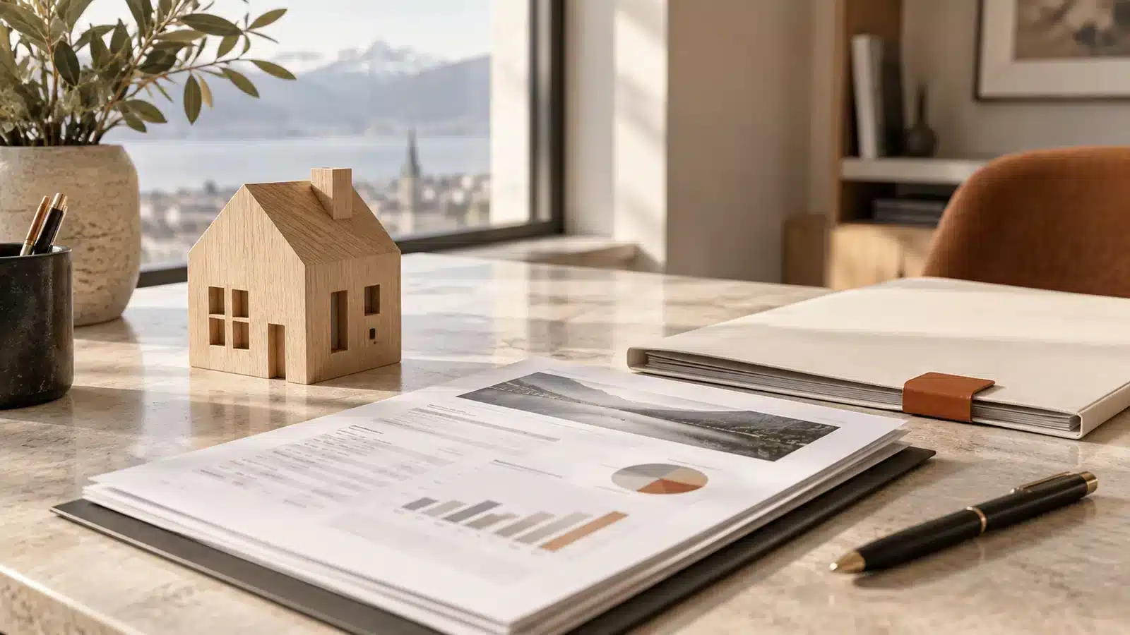 Model house and wealth planning folder on a desk.
