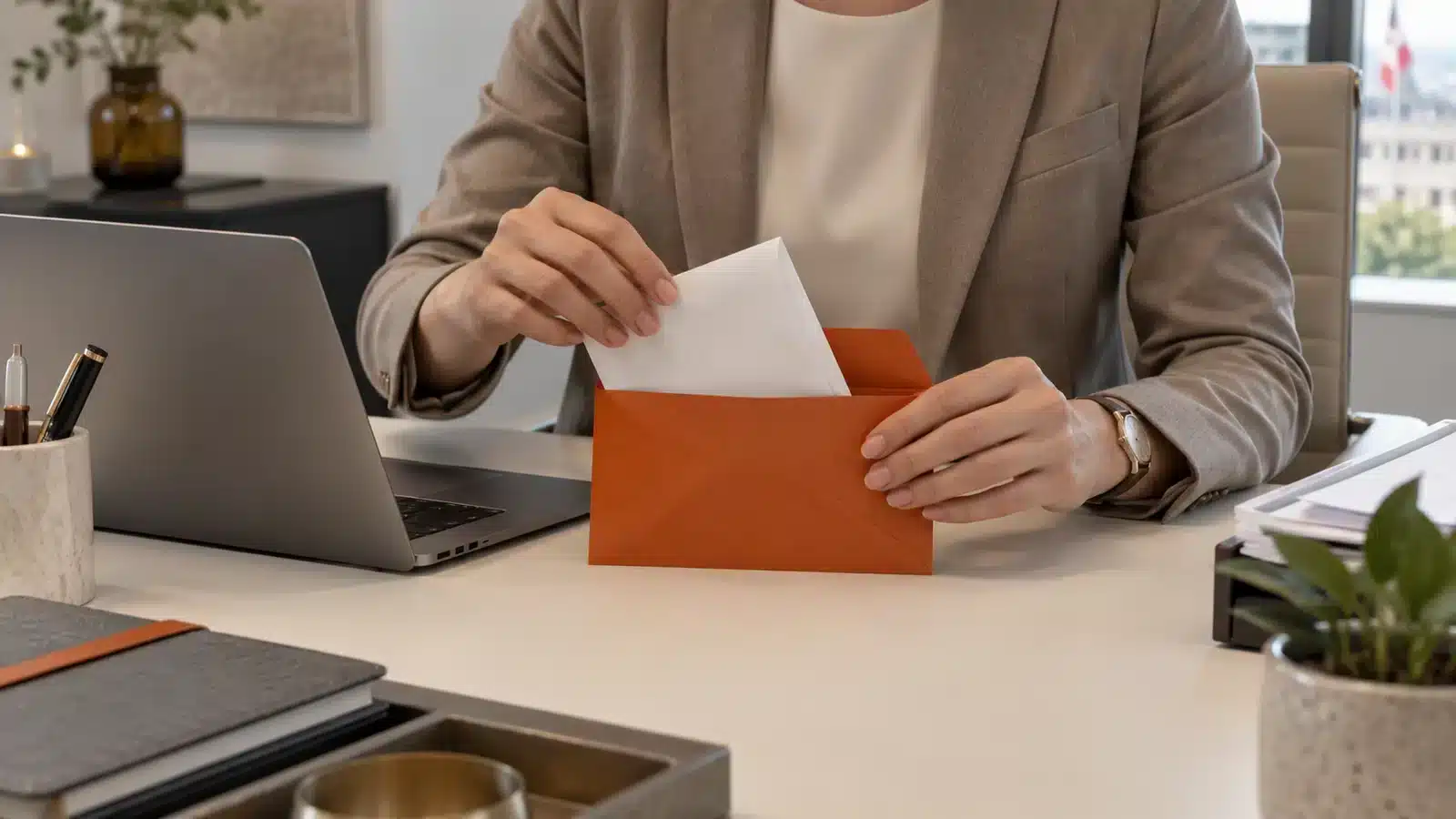 Preparing an envelope containing a salary document.