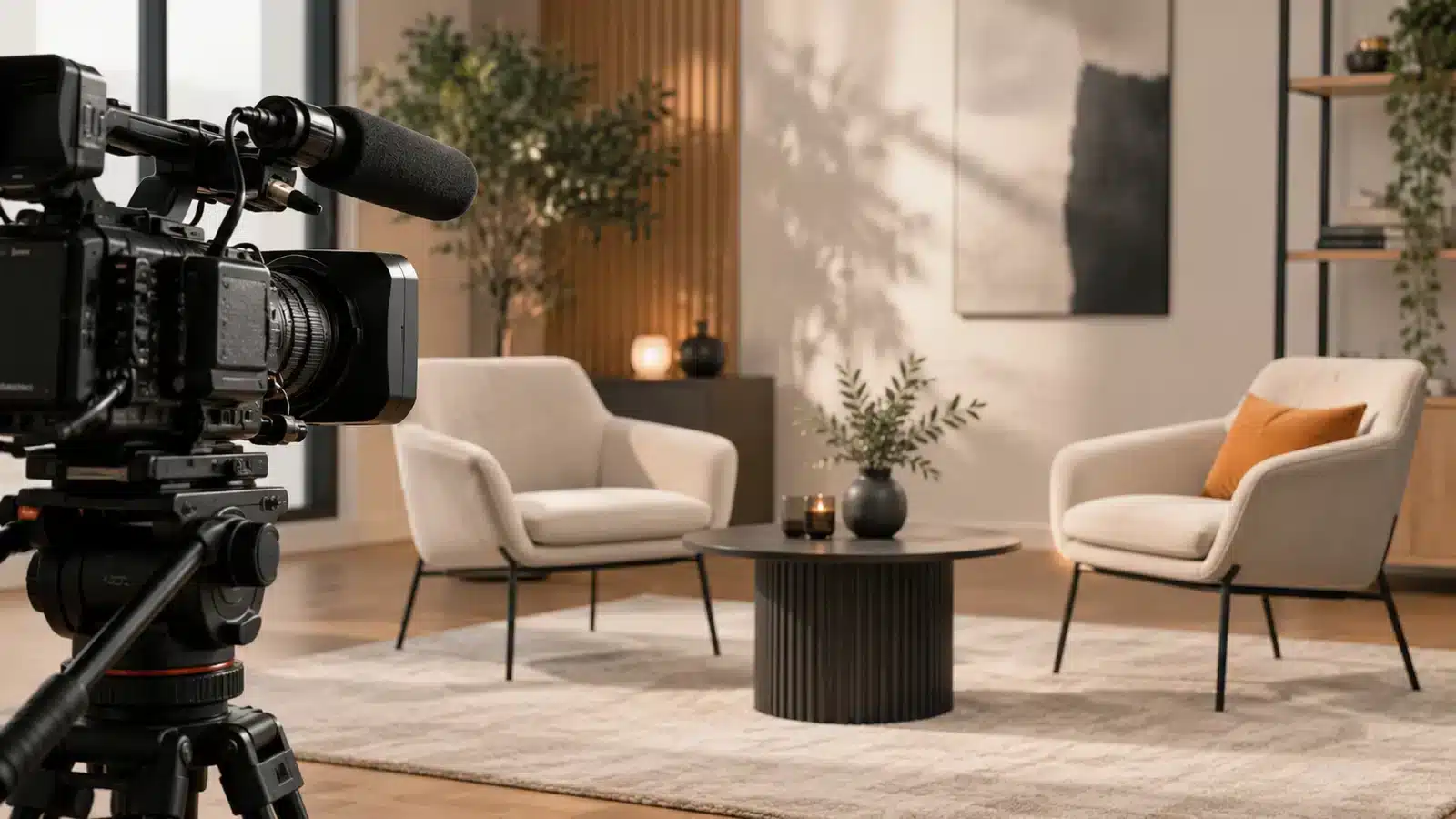 Illustration d’un studio d’interview avec caméra et fauteuils.