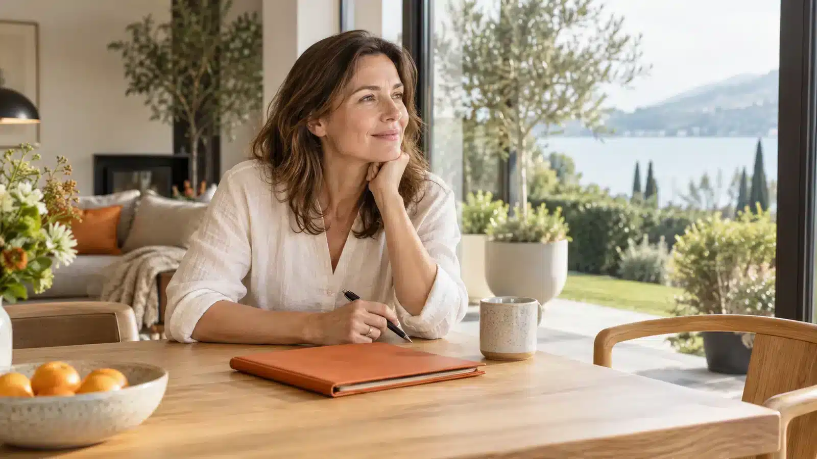 Woman planning her retirement savings at a sunlit table.