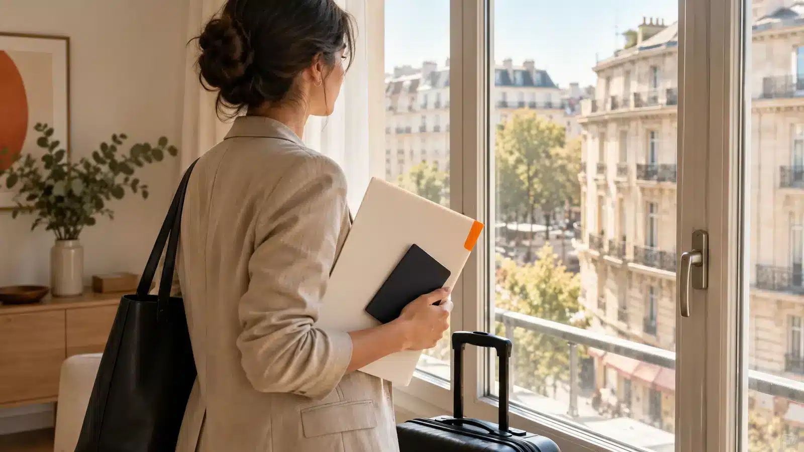 Voyageuse tenant ses documents à côté de ses bagages.