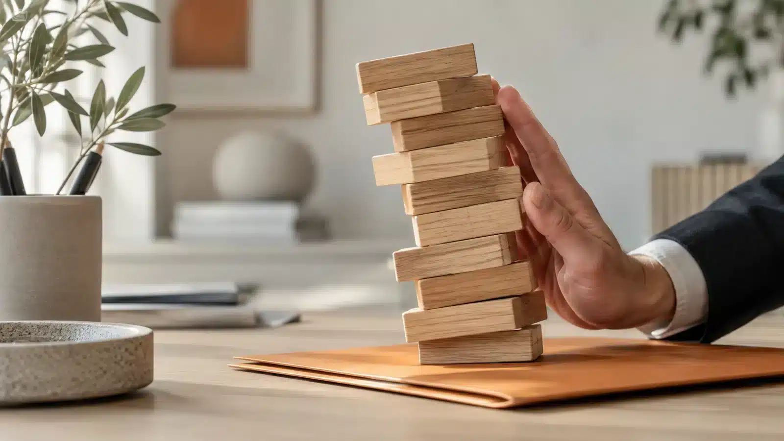Hand steadying a stack of blocks to illustrate the risk of over-indebtedness.