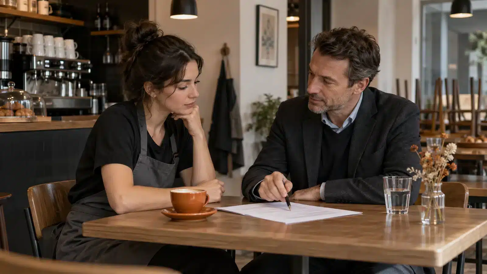 Discussion about pay in a café.