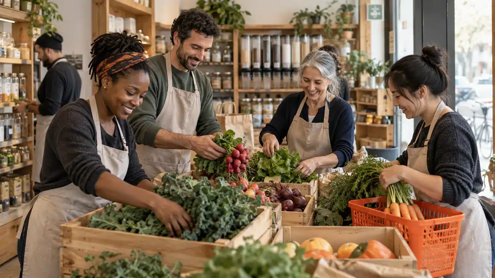 Cooperative members preparing produce together in their grocery shop.