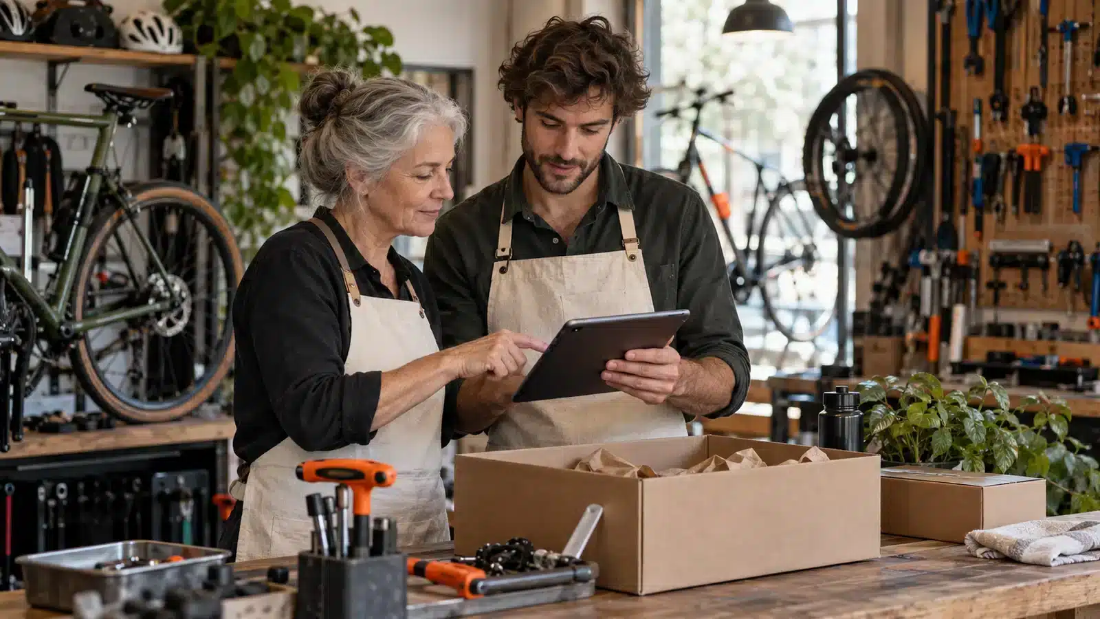 Deux associés examinant une commande dans leur atelier de vélos.