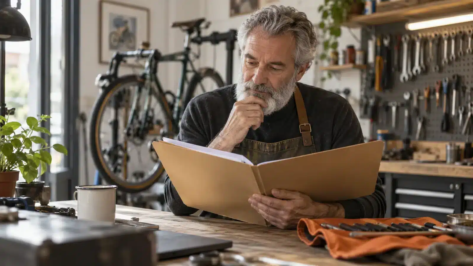 Self-employed bicycle mechanic reviewing an administrative file.