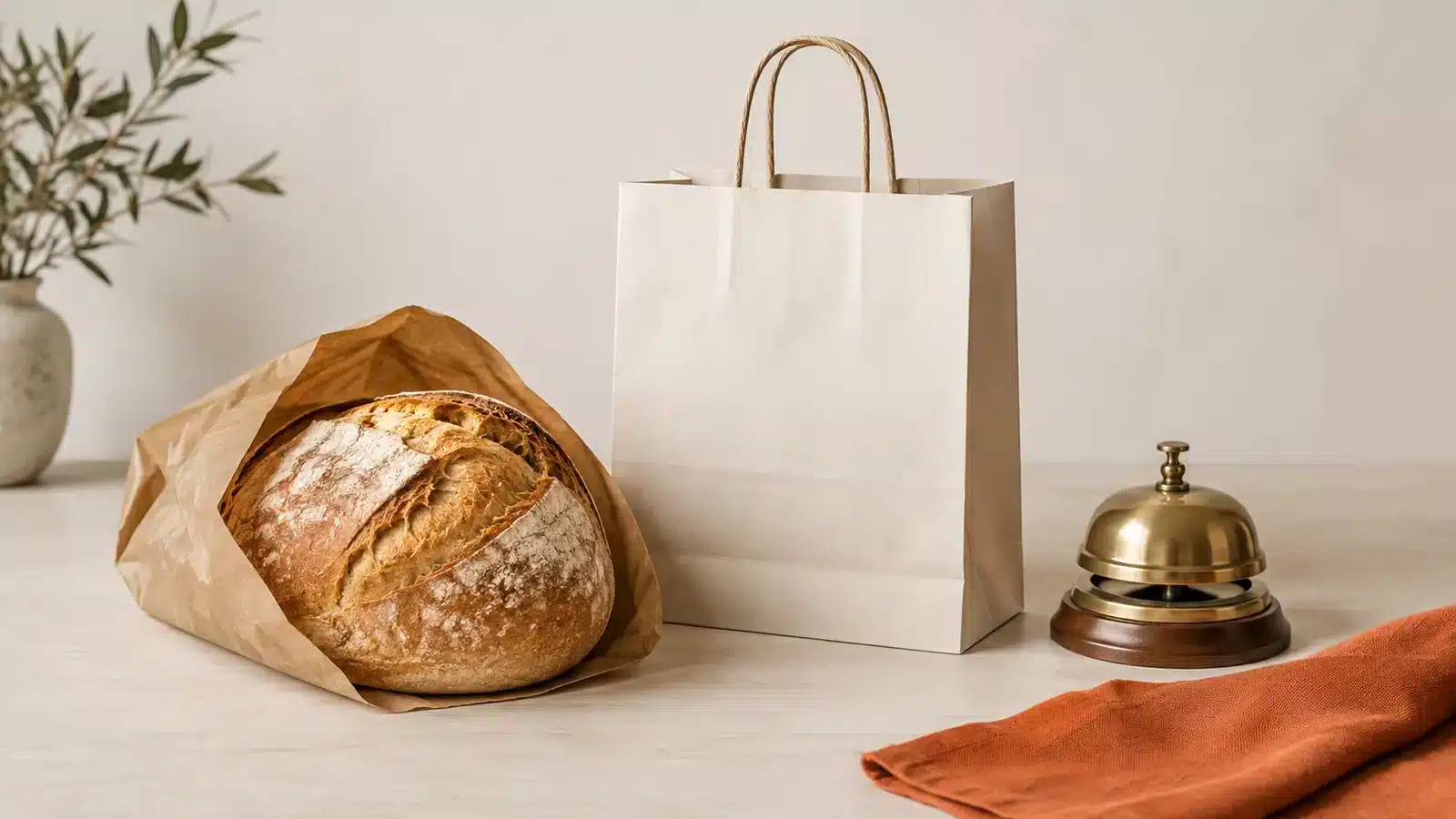 Bread, shopping bag and hotel bell illustrating different VAT categories.