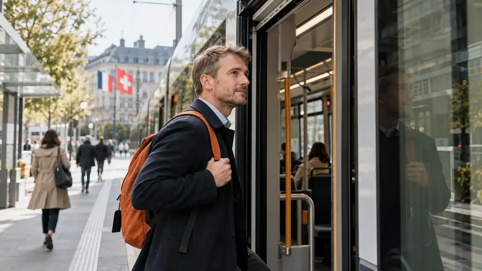 Professional boarding a tram on the way to work.
