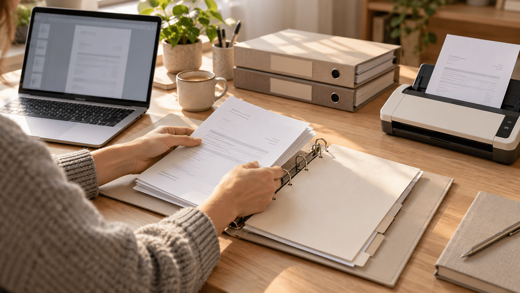 Classement de documents comptables dans un classeur, avec ordinateur et scanner sur un bureau.