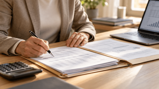 Examen de documents comptables avec une calculatrice et un ordinateur sur un bureau.